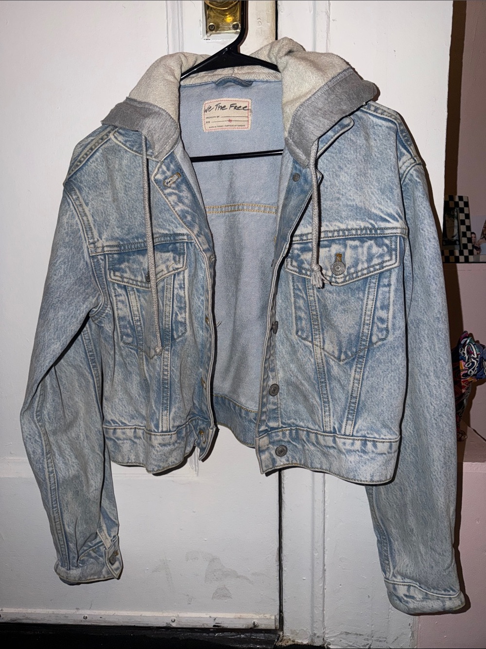 Free People Light Wash Denim Jacket with Grey Hooded Lining
